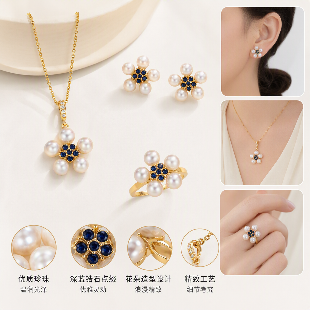 The blue gift box set of golden pearl and sapphire flower-shaped jewelry is an elegant and fashionable gift