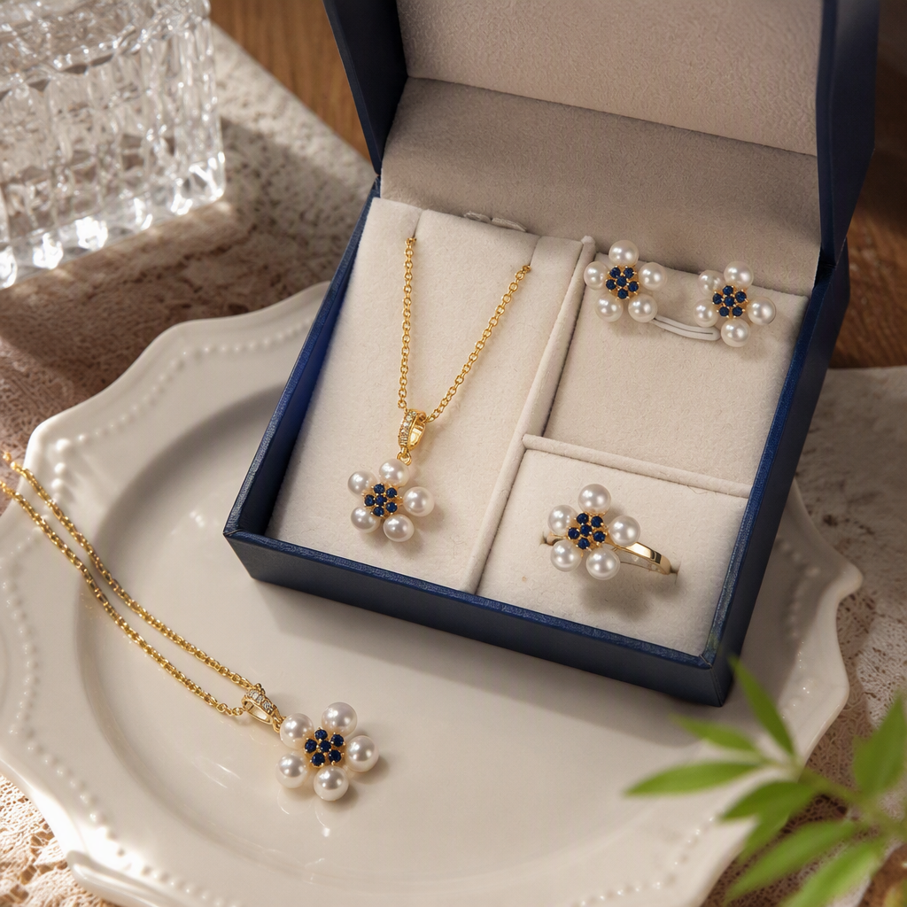 The blue gift box set of golden pearl and sapphire flower-shaped jewelry is an elegant and fashionable gift details Picture
