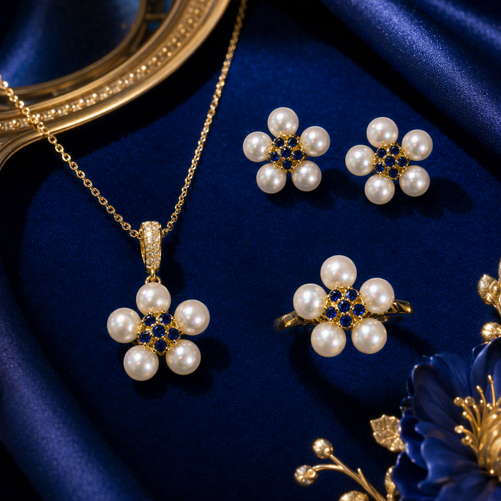 The blue gift box set of golden pearl and sapphire flower-shaped jewelry is an elegant and fashionable gift Specification image