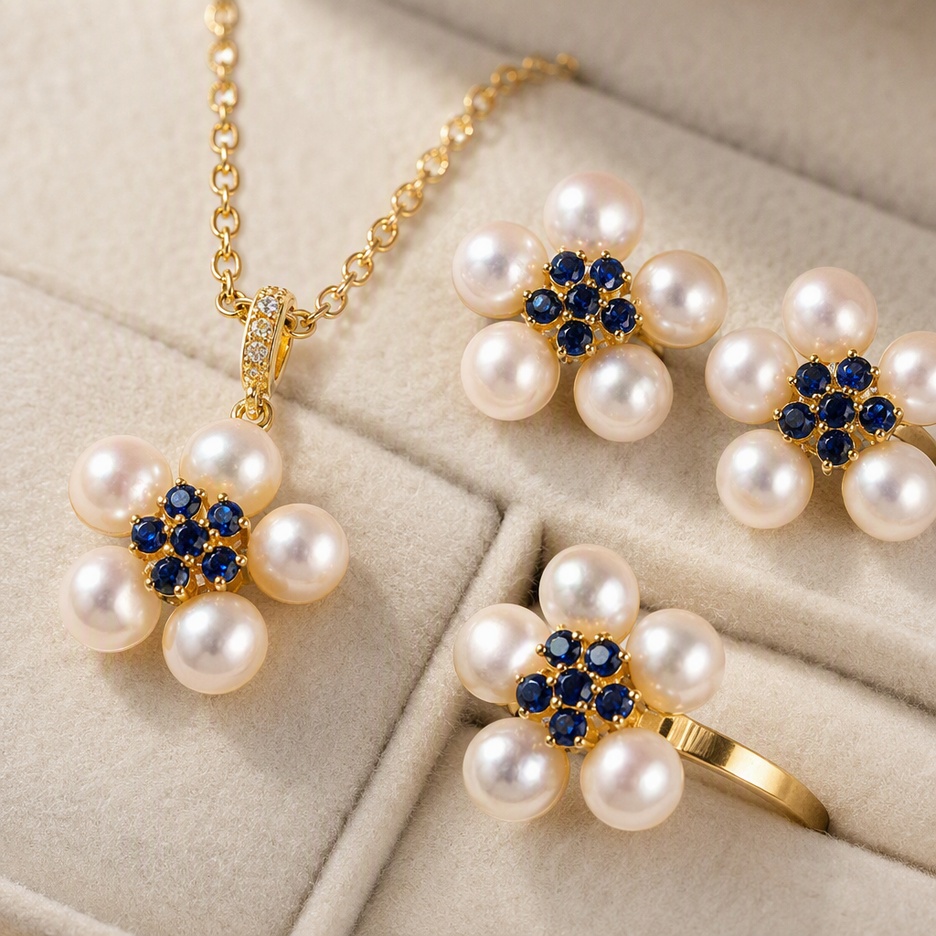 The blue gift box set of golden pearl and sapphire flower-shaped jewelry is an elegant and fashionable gift Application Scenario