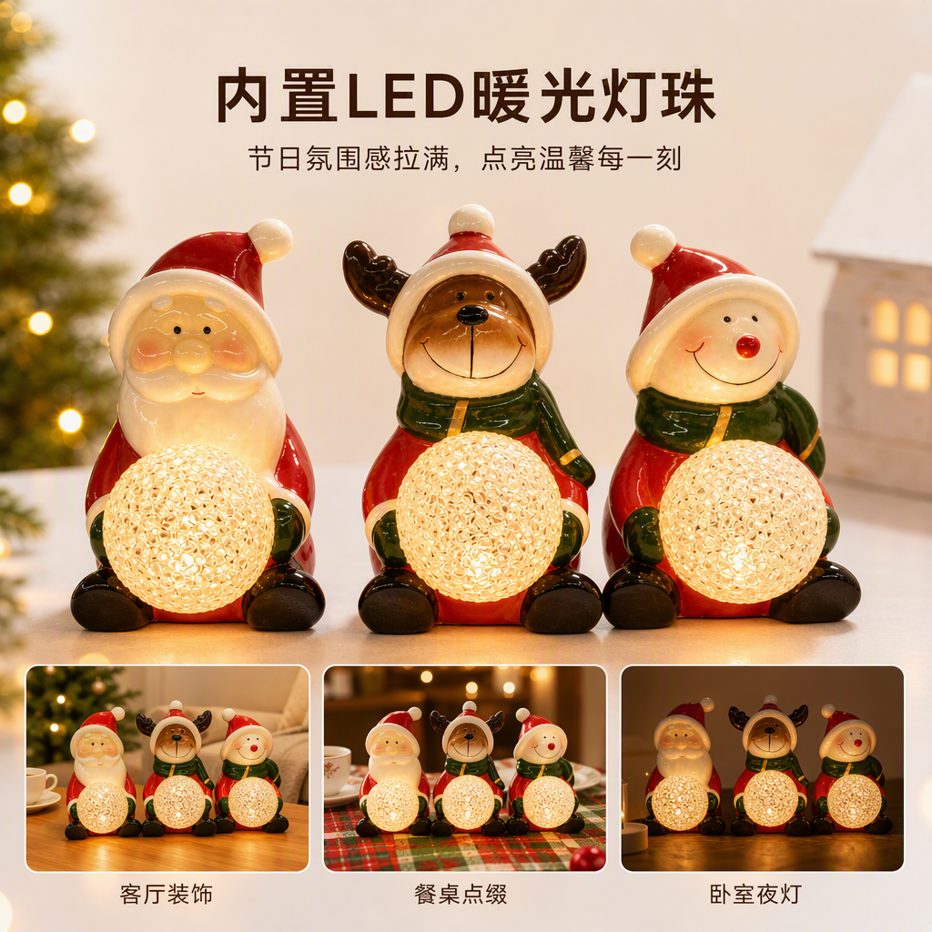 Christmas decorations: Santa Claus, reindeer, snowman, Christmas tree pendants, holiday arrangements, Christmas gifts, decorations, gift packs