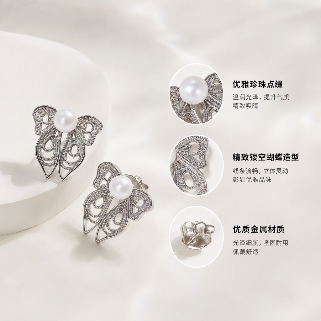 Caja de joyería blanca en forma de mariposa de plata perlas pendientes simple elegante moda orejas estilo de mujer regalo