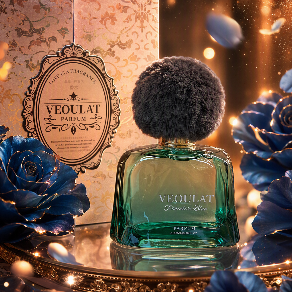 Women's perfume: Green glass bottle with grey pom-pom cap, Middle Eastern strong fragrance packaging box. The fragrance is long-lasting and elegant Specification image