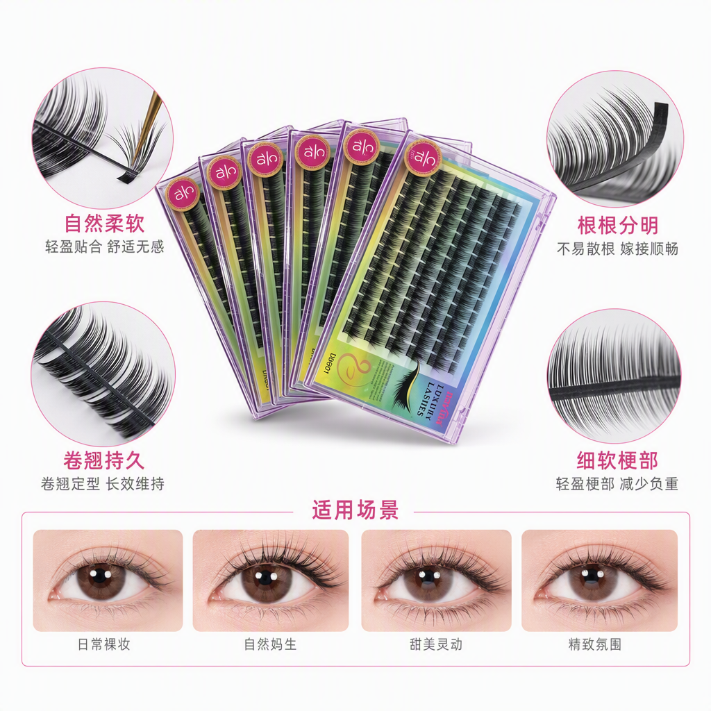 Navina pink packaging eyelash extension products in multiple specifications for natural, thick and long-lasting eyelash beauty