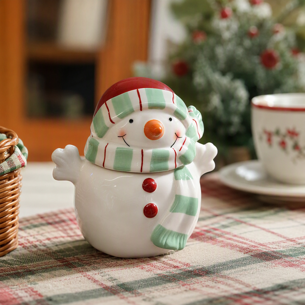 Creative white snowman ceramic storage jar, cute kitchen storage container, home decoration gift details Picture