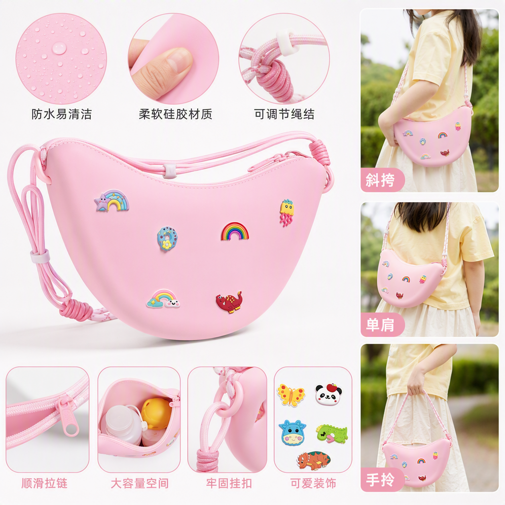 Colorful cartoon half-moon children's crossbody bag, six-color silicone small bag with woven rope shoulder strap, cute card decoration gift