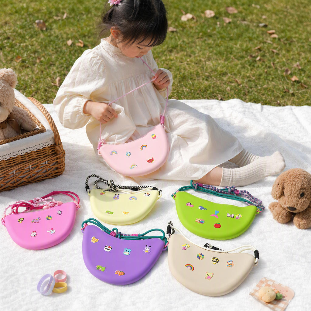 Colorful cartoon half-moon children's crossbody bag, six-color silicone small bag with woven rope shoulder strap, cute card decoration gift details Picture