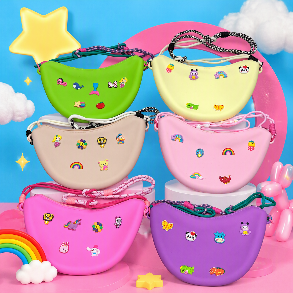 Colorful cartoon half-moon children's crossbody bag, six-color silicone small bag with woven rope shoulder strap, cute card decoration gift Specification image