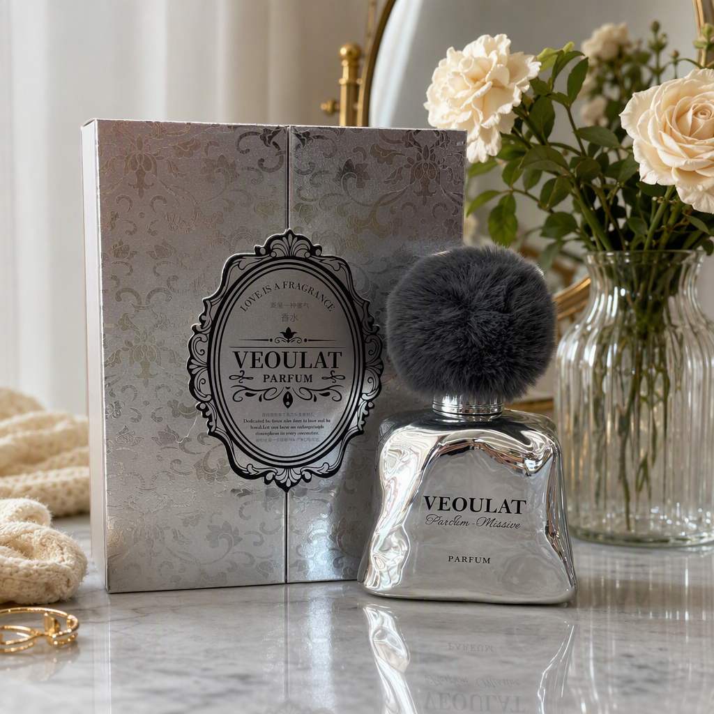 Rich Middle Eastern perfume for ladies, silver bottle, grey pom-pom cap, long-lasting fragrance, perfume experience details Picture
