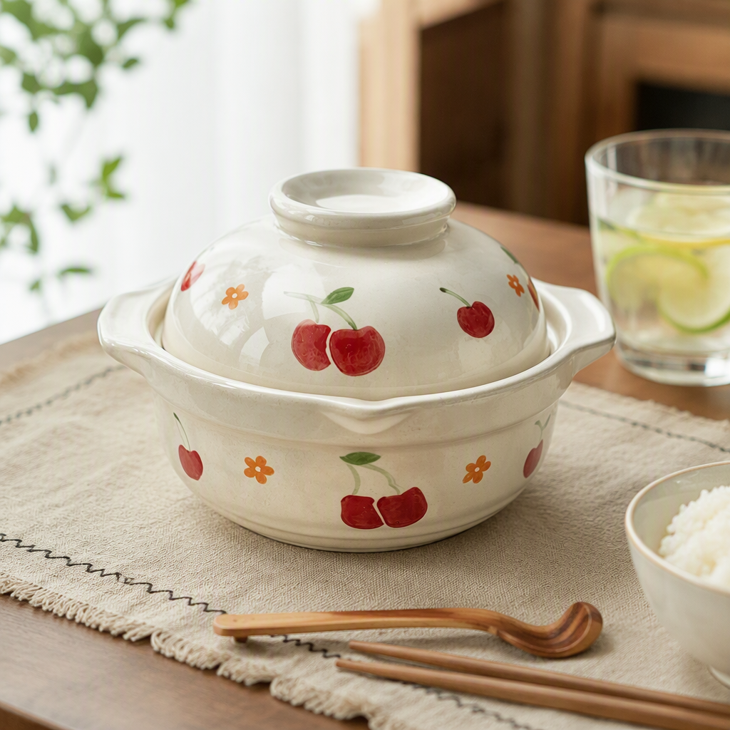 White cherry-patterned ceramic stew pot with lid, household soup pot, health-preserving stew pot, heat-resistant, durable, practical and beautiful details Picture