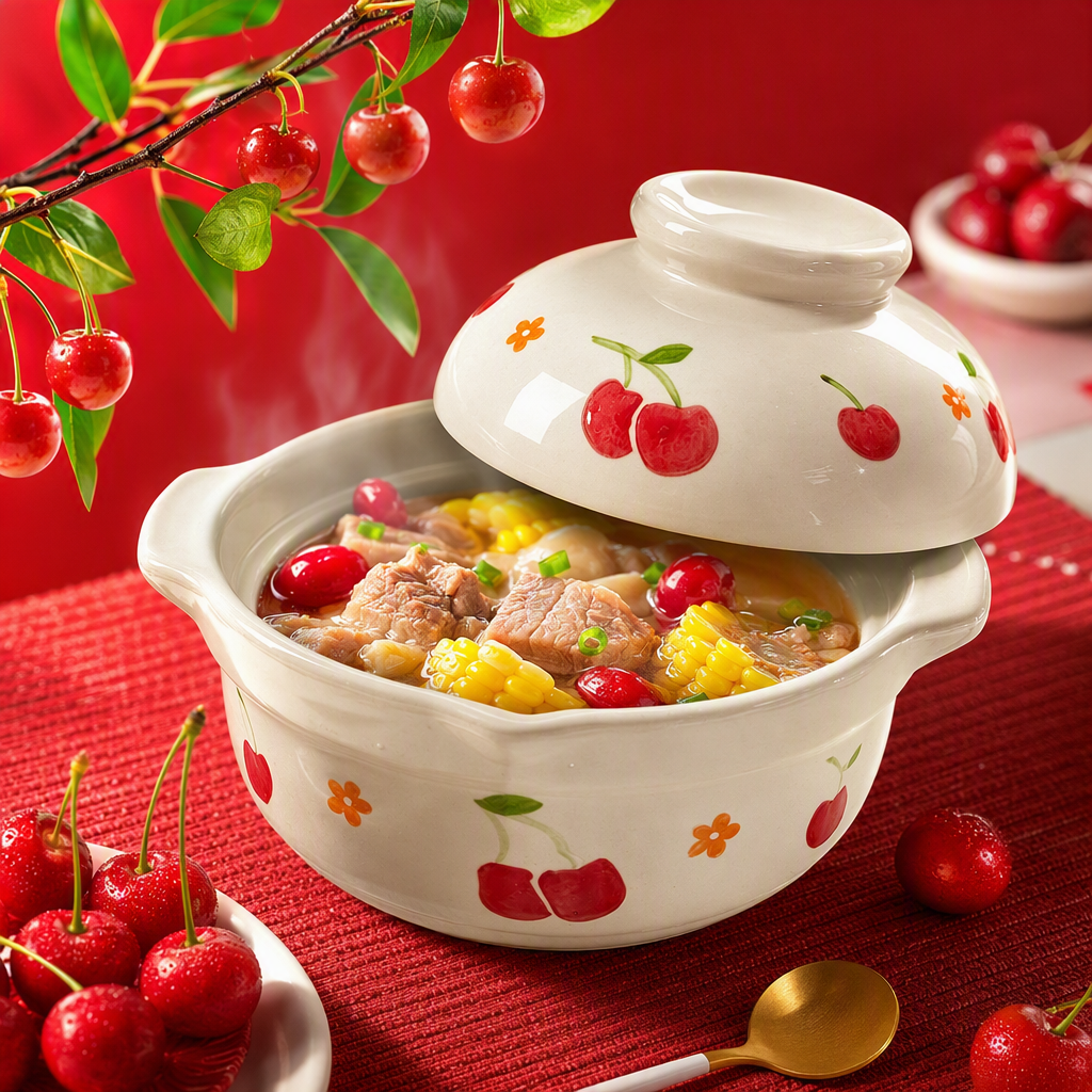 White cherry-patterned ceramic stew pot with lid, household soup pot, health-preserving stew pot, heat-resistant, durable, practical and beautiful Specification image