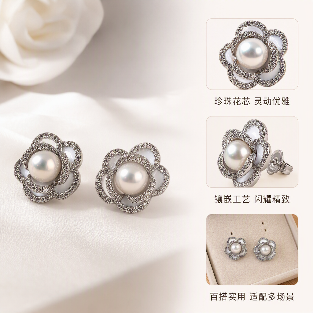 Silver flower-shaped pearl stud earrings are simple, fashionable, versatile and elegant. They are a perfect accessory for women