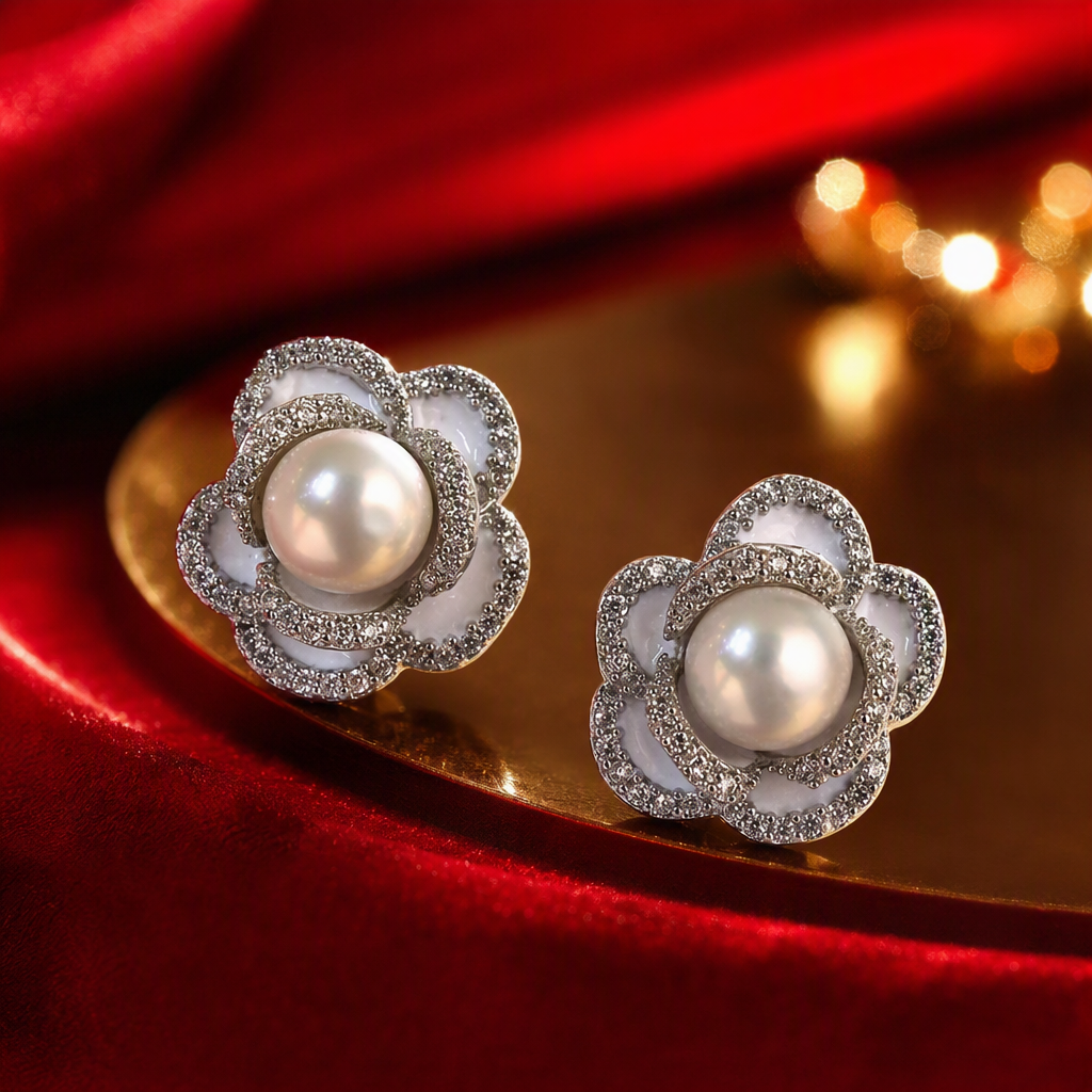 Silver flower-shaped pearl stud earrings are simple, fashionable, versatile and elegant. They are a perfect accessory for women Specification image