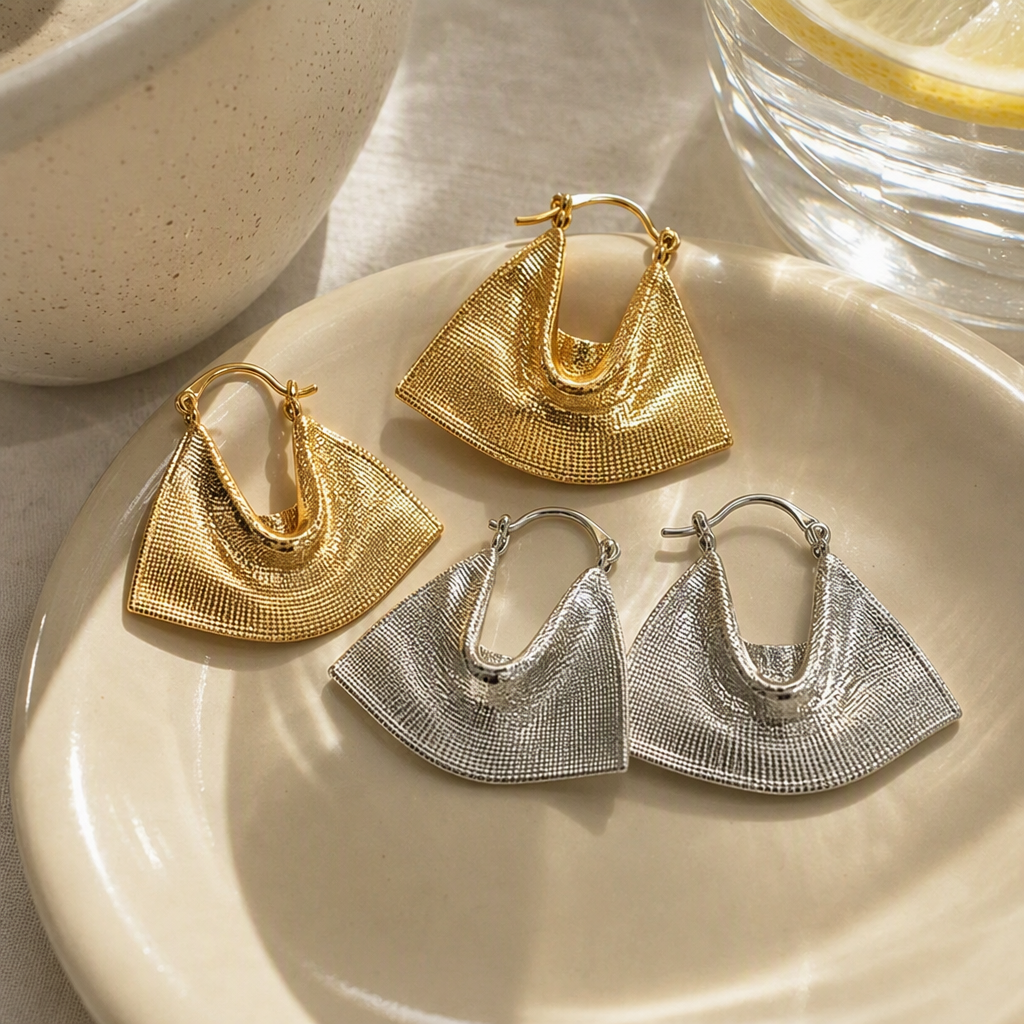 Fashionable gold and silver textured earrings are simple, versatile, elegant and stylish. They are trendy accessories for women details Picture
