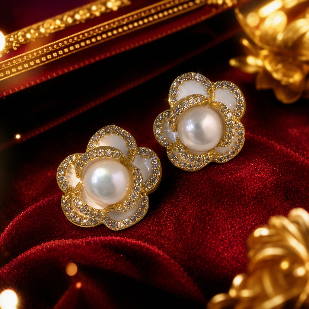 Golden pearl flower-shaped ear studs are simple, elegant and versatile. They are fashionable women's earrings and accessories Specification image