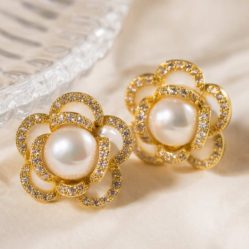 Golden pearl flower-shaped ear studs are simple, elegant and versatile. They are fashionable women's earrings and accessories Application Scenario