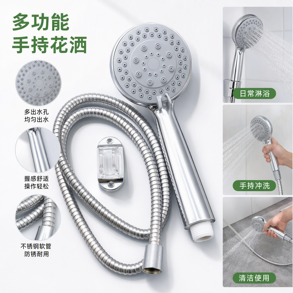 多功能银色手持花洒套装全铜防漏家用淋浴器配件简约时尚