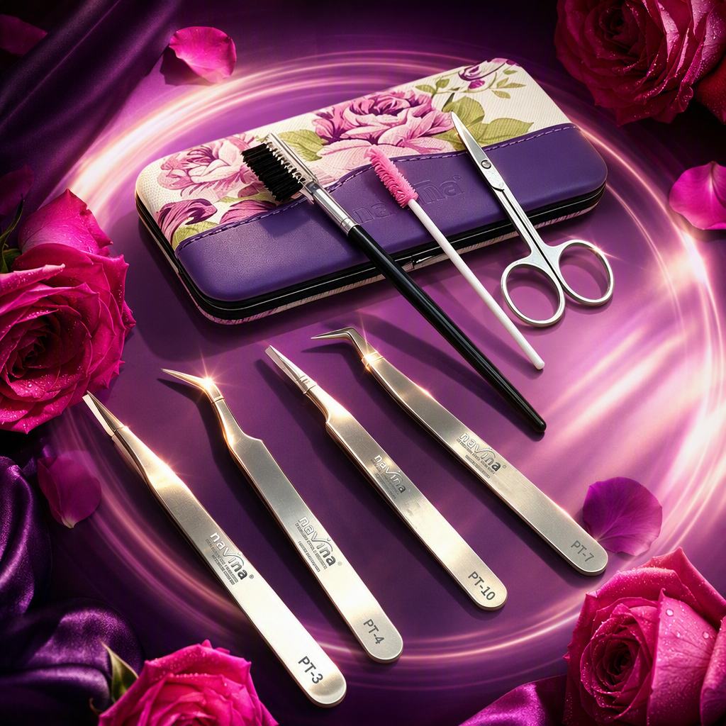 Conjunto de herramientas ciliar paquete de almacenamiento de flores púrpura pinzas de cuatro metales cepillo de cejas negro cepillo de pestañas rosa tijeras de plata belleza suministros de maquillaje Specification image