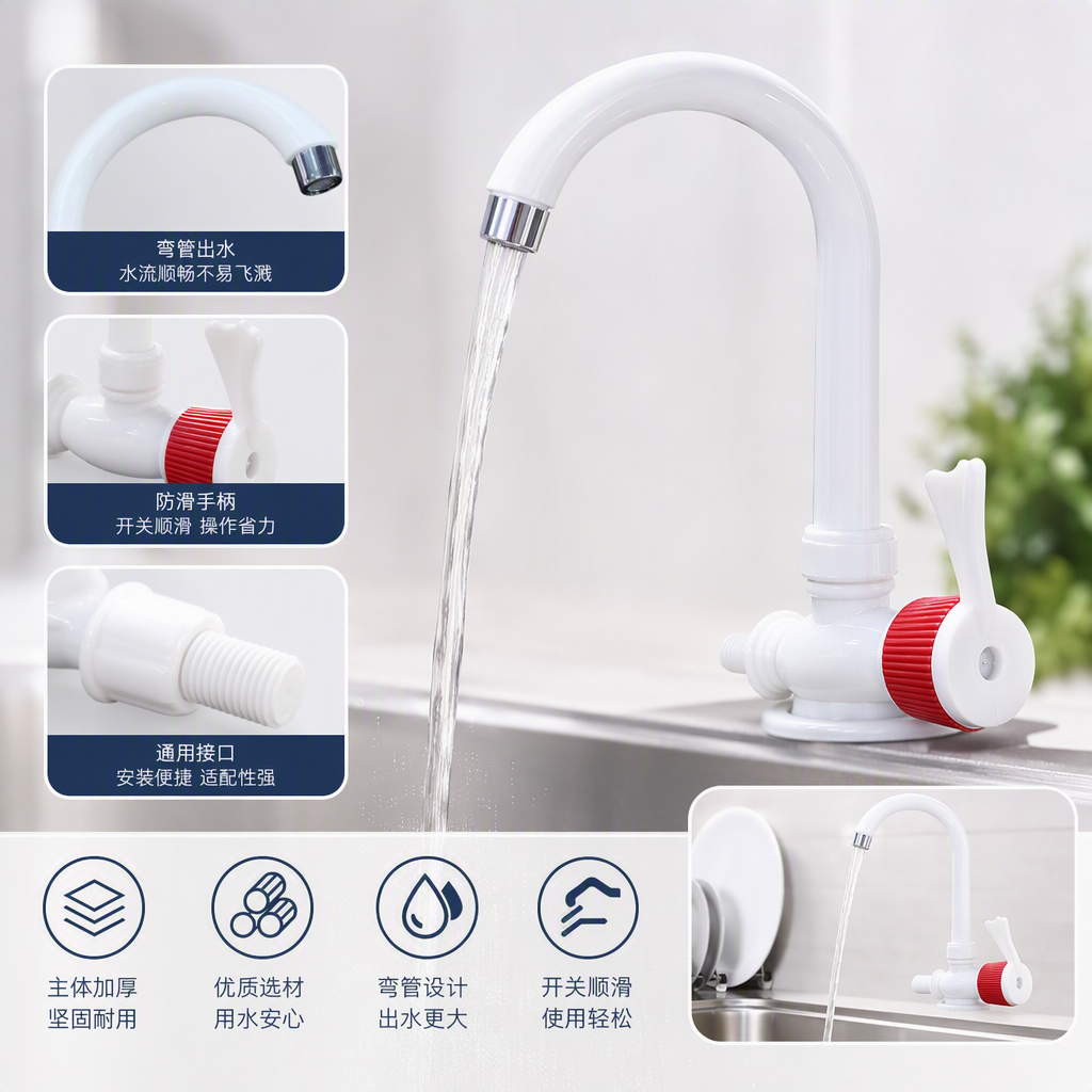Simple white kitchen washbasin faucet, plastic faucet, anti-rust and durable household faucet accessories