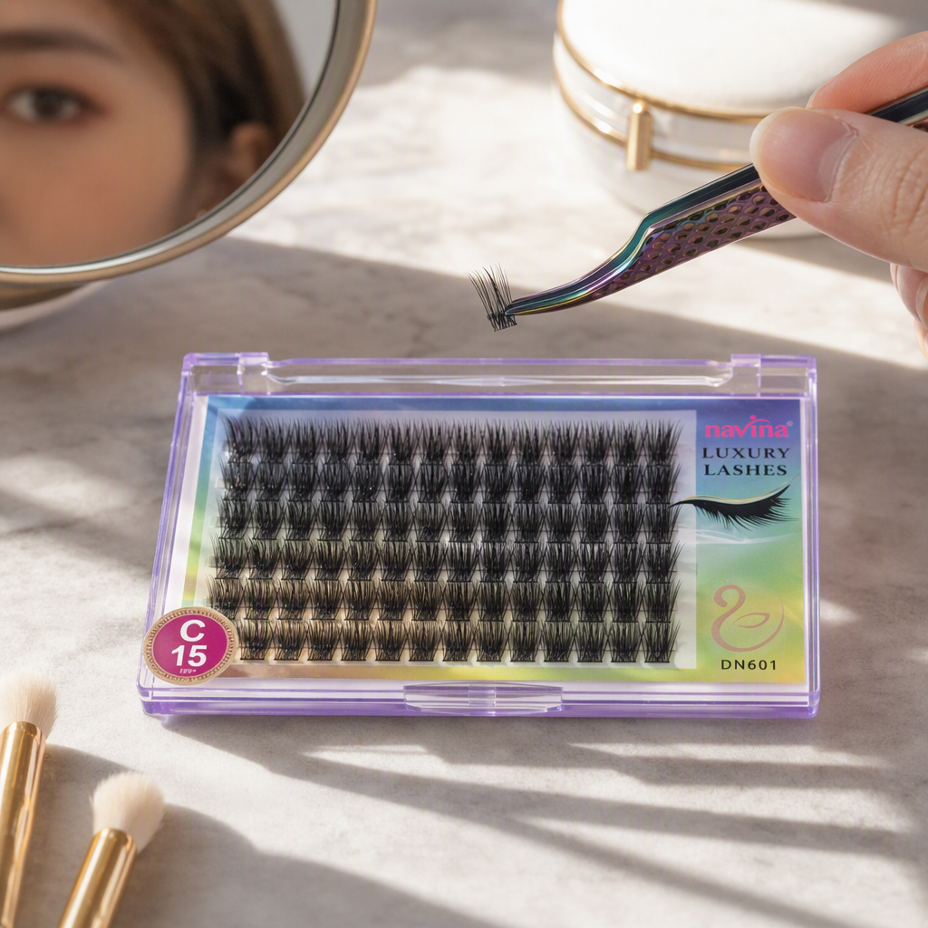The front and back of the navina brand false eyelash DN601C curly thick black curl transparent plastic box display combination picture details Picture