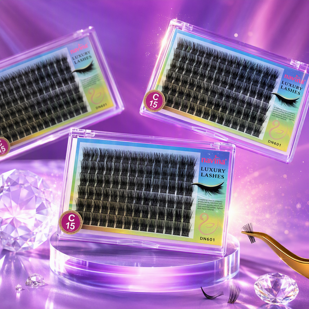 The front and back of the navina brand false eyelash DN601C curly thick black curl transparent plastic box display combination picture Specification image