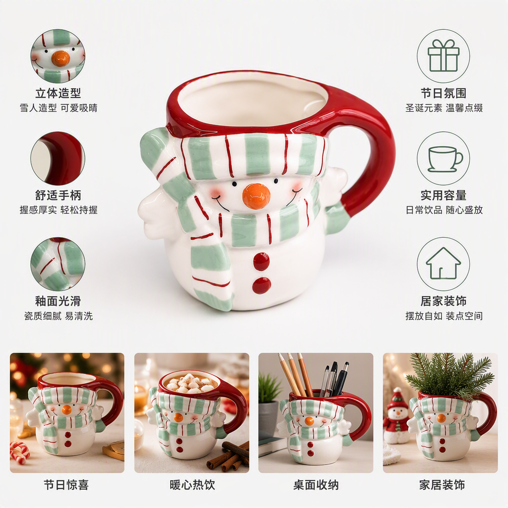 Cute snowman ceramic cup with red handle hand-painted creative household daily tea cup gift, excellent choice for giving
