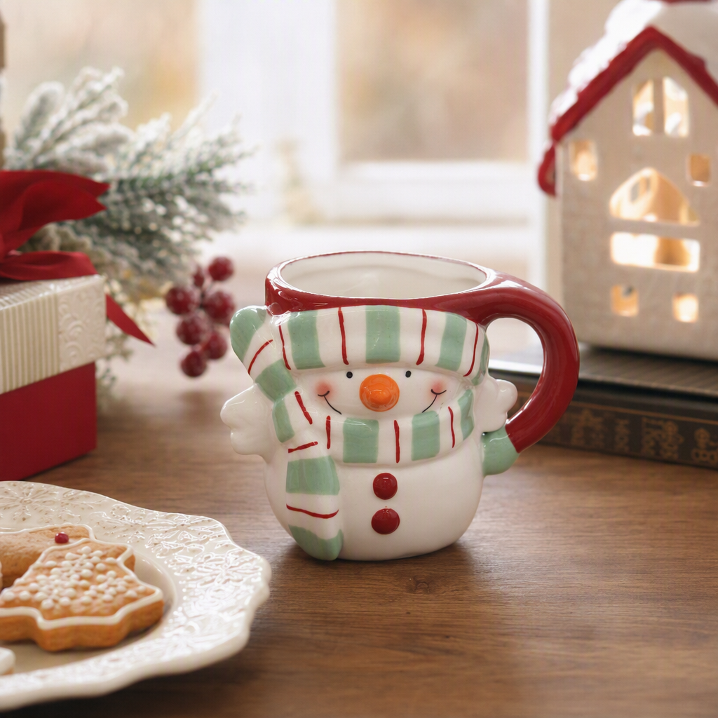 Cute snowman ceramic cup with red handle hand-painted creative household daily tea cup gift, excellent choice for giving details Picture
