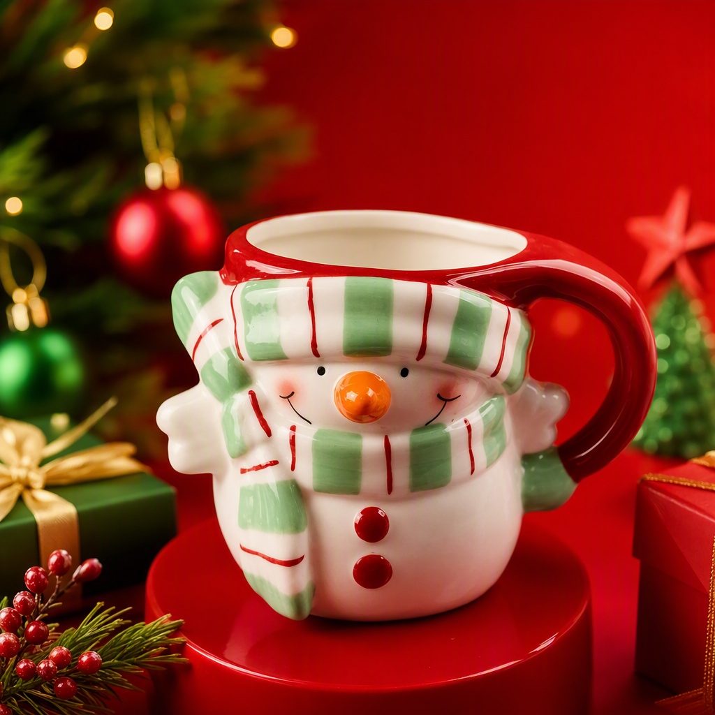 Cute snowman ceramic cup with red handle hand-painted creative household daily tea cup gift, excellent choice for giving Specification image
