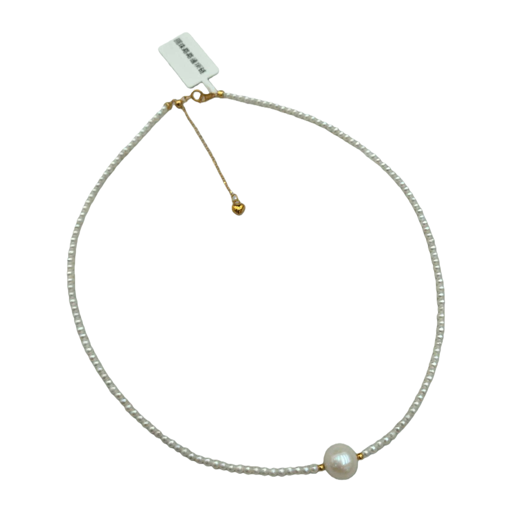 The white pearl necklace is delicately strung with a large, round pearl in the center. It features a golden clasp and a heart-shaped pendant, making it an elegant accessory Item Picture