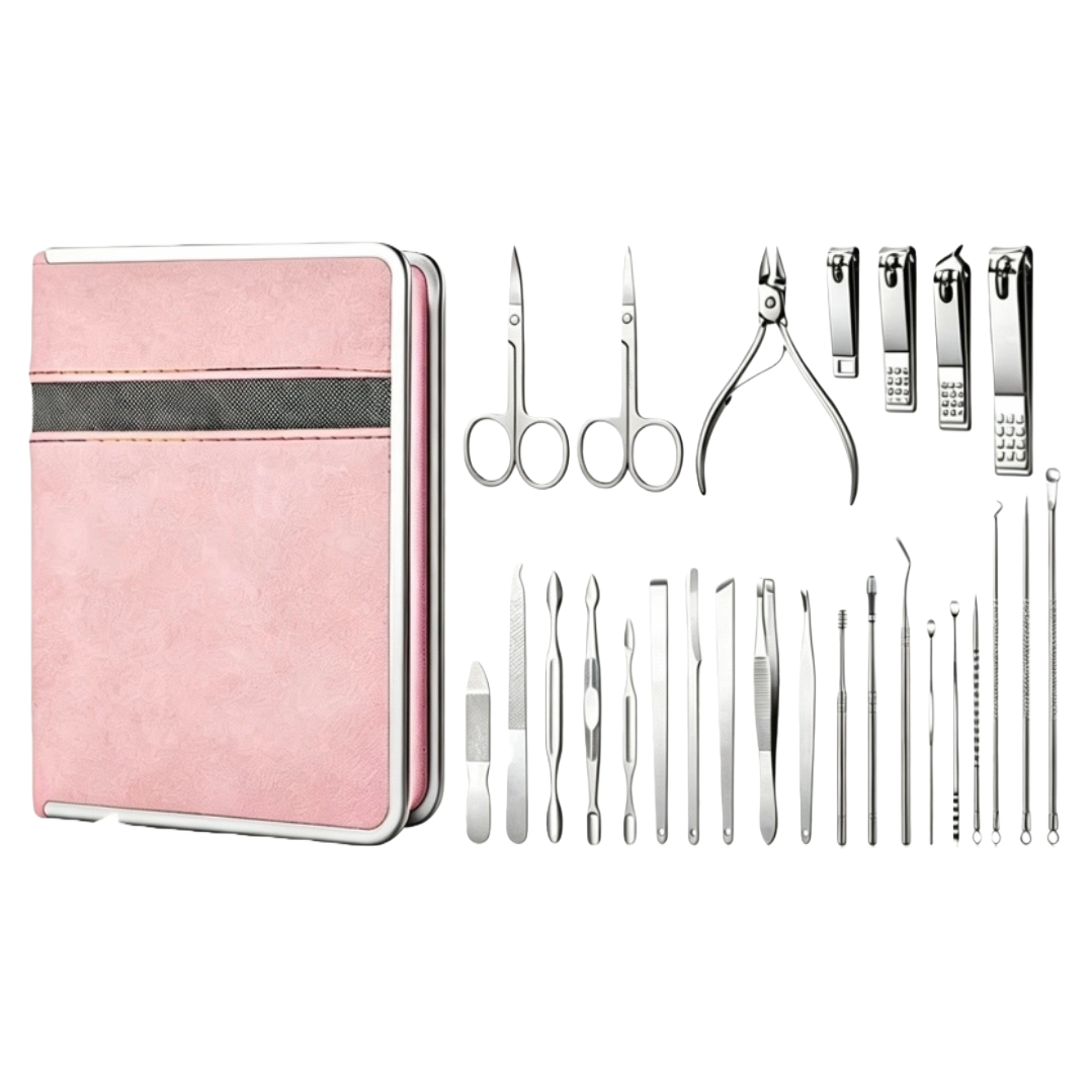 Kit de herramientas de uñas portátil rosa conjunto completo de manicura de metal cortador de uñas pinzas lima de uñas pinzas cuchillo de empuje cuchara de excavación portátil juego de uñas portátil Item Picture