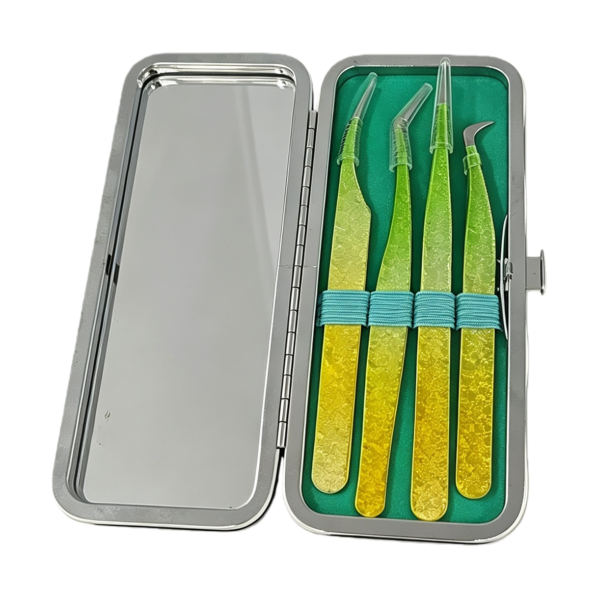 Caja de almacenamiento espejo plateado cuatro gradiente verde amarillo pinzas ciliar herramientas de maquillaje portátil caja de almacenamiento caja de almacenamiento caja de almacenamiento Item Picture