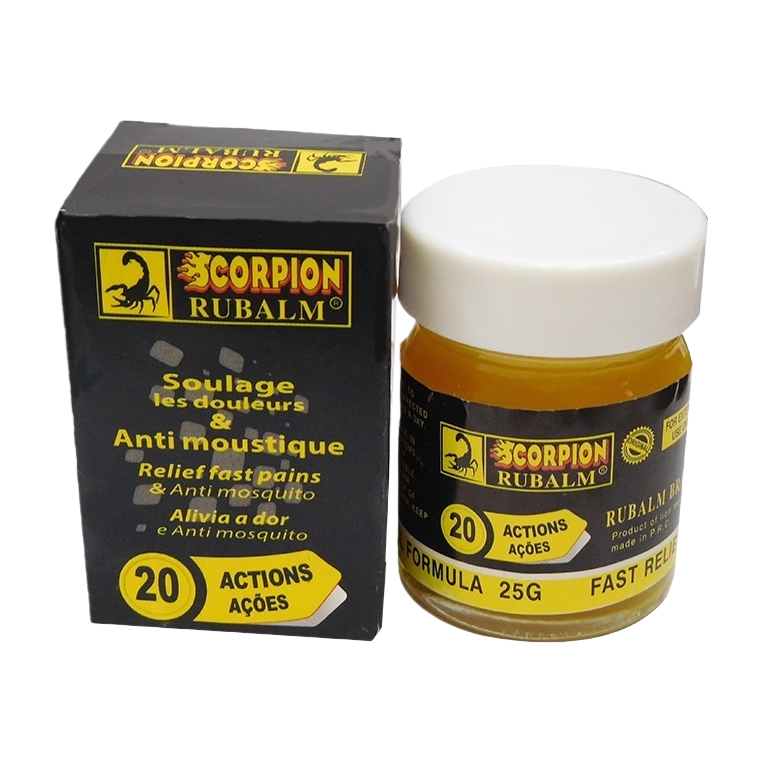 Black packaging box, transparent bottle, white cap, yellow and black label printed with SCORPION RUBALM20 ACTIONS ACOES Multi-effect Repair Skin Care Cream Item Picture
