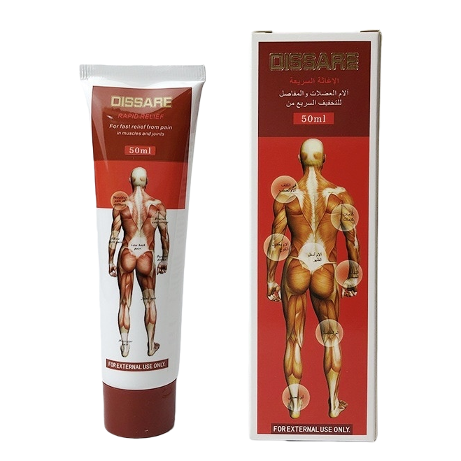 Dissare Pain-relieving Ointment: White tube, red cap, human muscle illustration, outer box, a patch for relieving muscle pain Item Picture