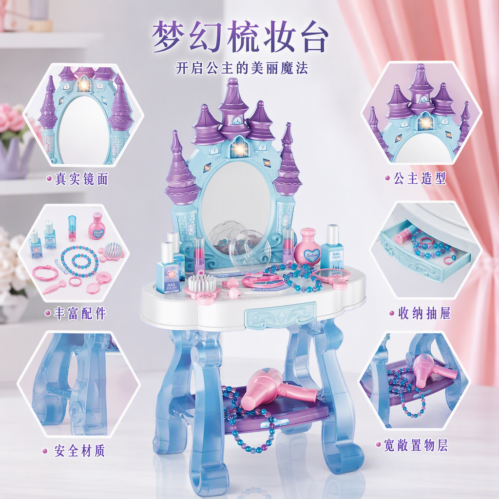 Azul castillo forma vanity simple moderno niños mesa de maquillaje con cajón de almacenamiento multifuncional dormitorio muebles