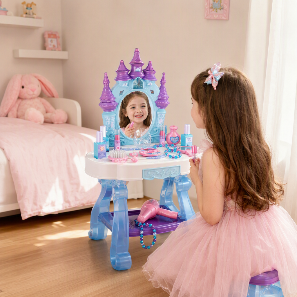Azul castillo forma vanity simple moderno niños mesa de maquillaje con cajón de almacenamiento multifuncional dormitorio muebles details Picture
