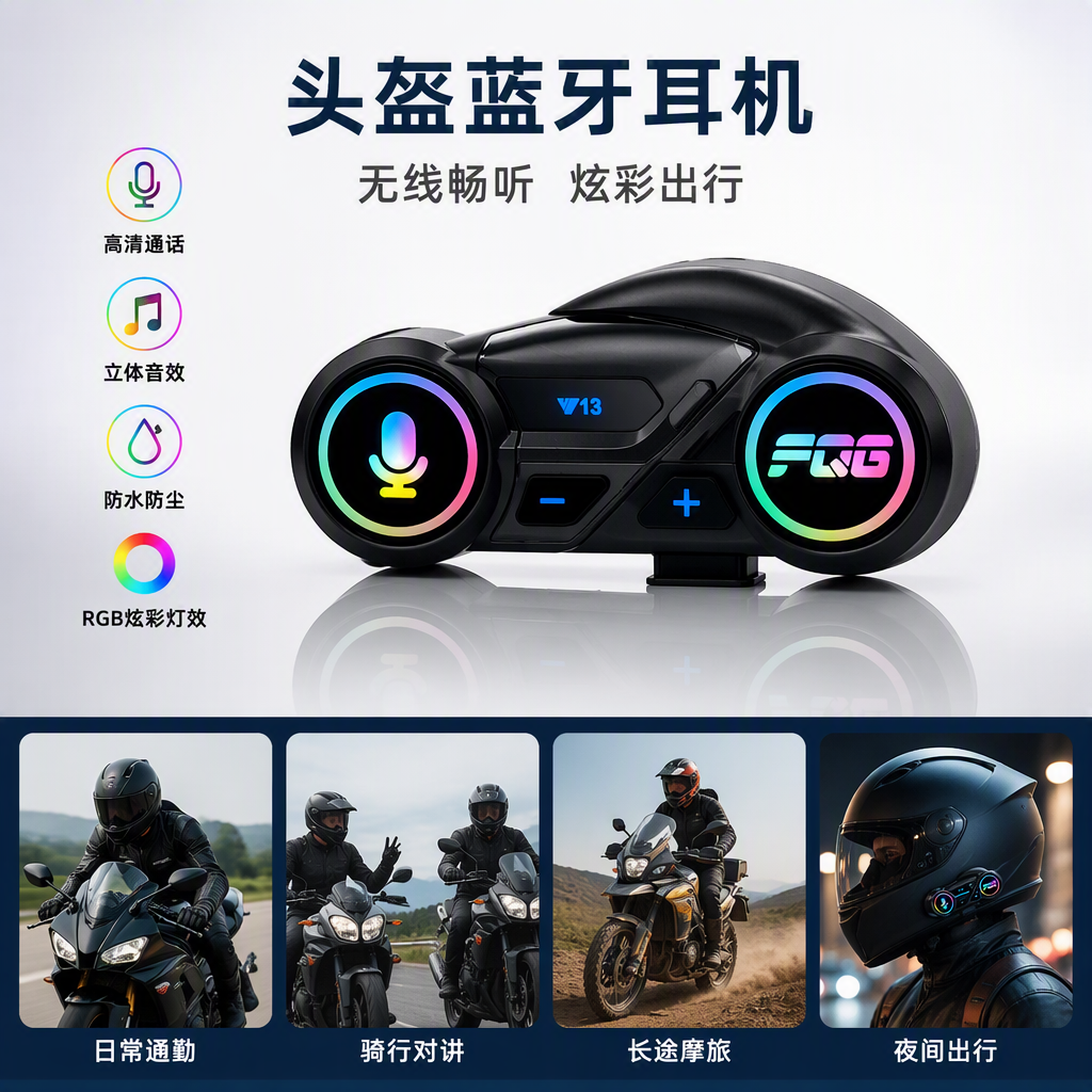 Black helmet wireless headphones with RGB color lights, FM audio support, high-definition sound quality, sports running headphones