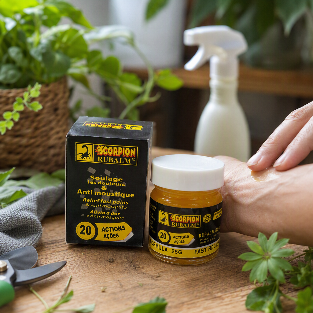 Black packaging box, transparent bottle, white cap, yellow and black label printed with SCORPION RUBALM20 ACTIONS ACOES Multi-effect Repair Skin Care Cream details Picture