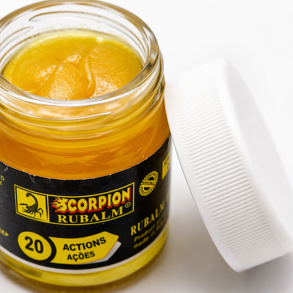 Black packaging box, transparent bottle, white cap, yellow and black label printed with SCORPION RUBALM20 ACTIONS ACOES Multi-effect Repair Skin Care Cream Application Scenario