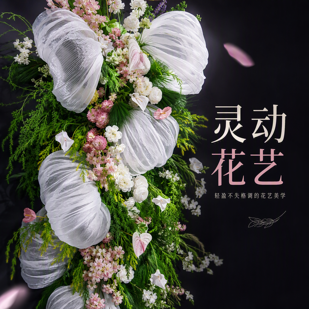 白色褶皱纱幔装饰花艺细节图