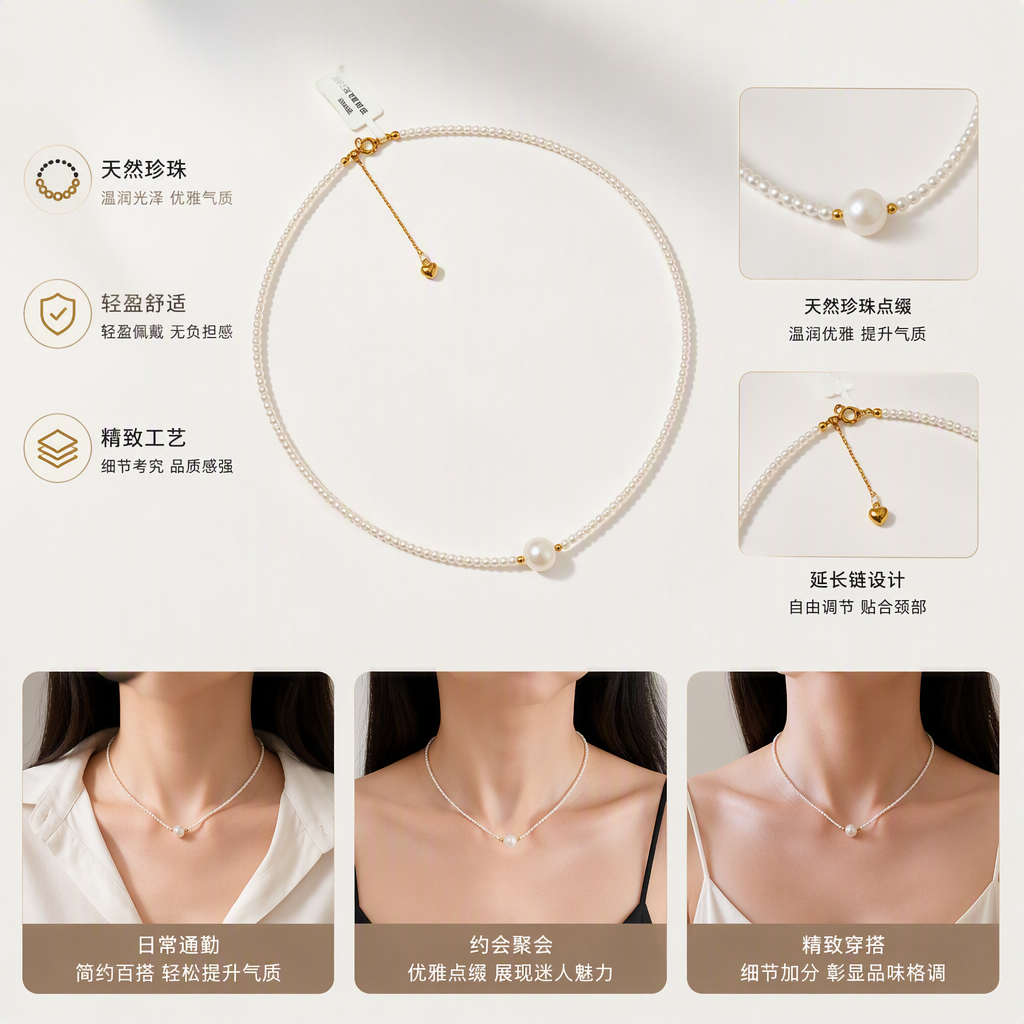The white pearl necklace is delicately strung with a large, round pearl in the center. It features a golden clasp and a heart-shaped pendant, making it an elegant accessory