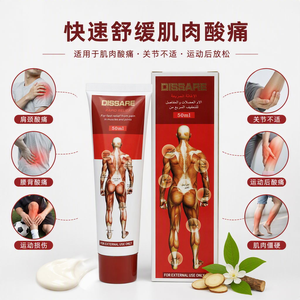 Dissare Pain-relieving Ointment: White tube, red cap, human muscle illustration, outer box, a patch for relieving muscle pain