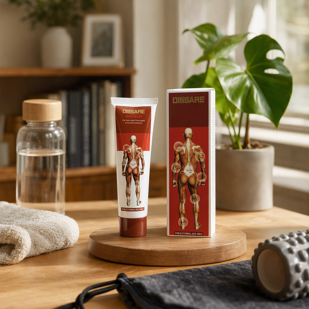 Dissare Pain-relieving Ointment: White tube, red cap, human muscle illustration, outer box, a patch for relieving muscle pain details Picture