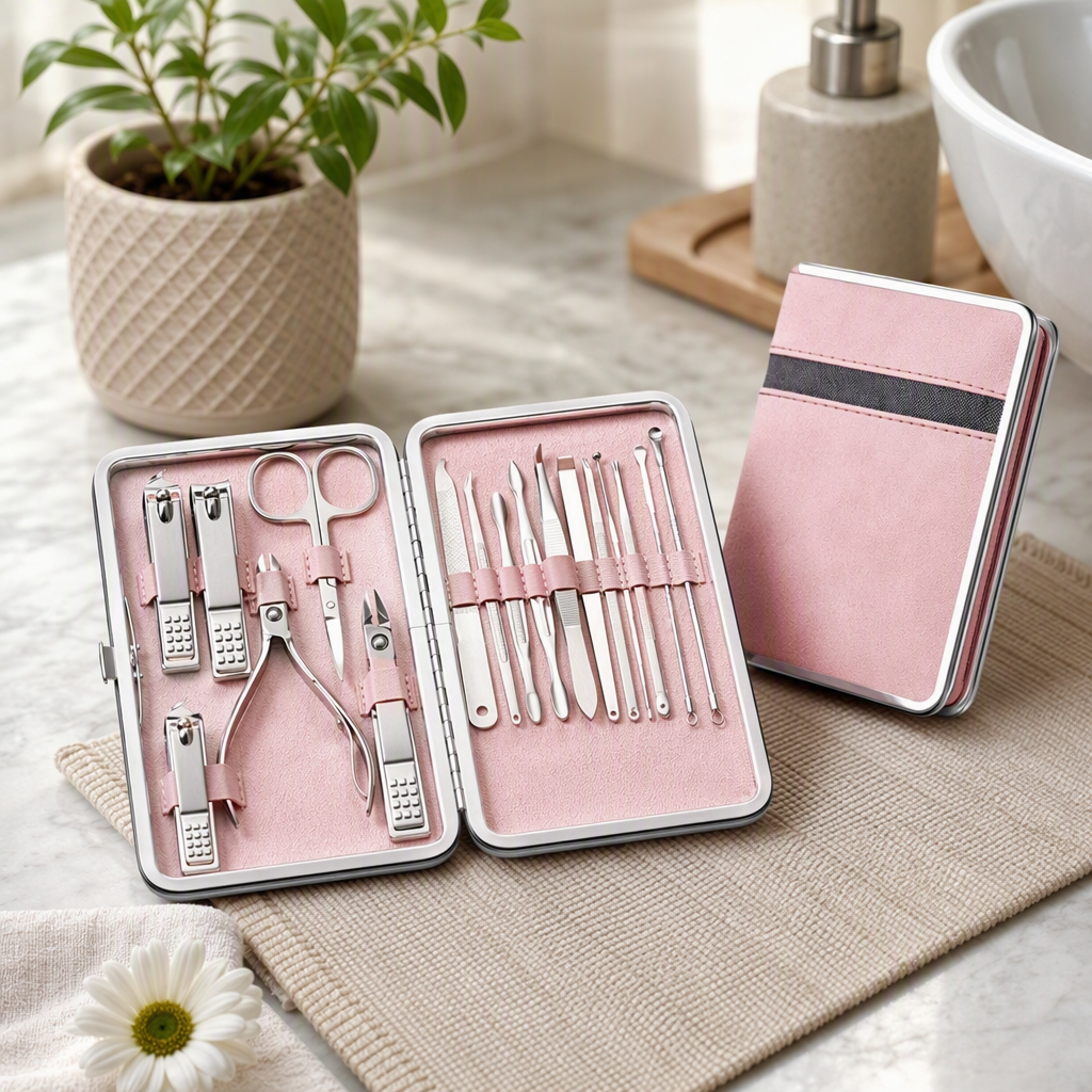 Kit de herramientas de uñas portátil rosa conjunto completo de manicura de metal cortador de uñas pinzas lima de uñas pinzas cuchillo de empuje cuchara de excavación portátil juego de uñas portátil details Picture
