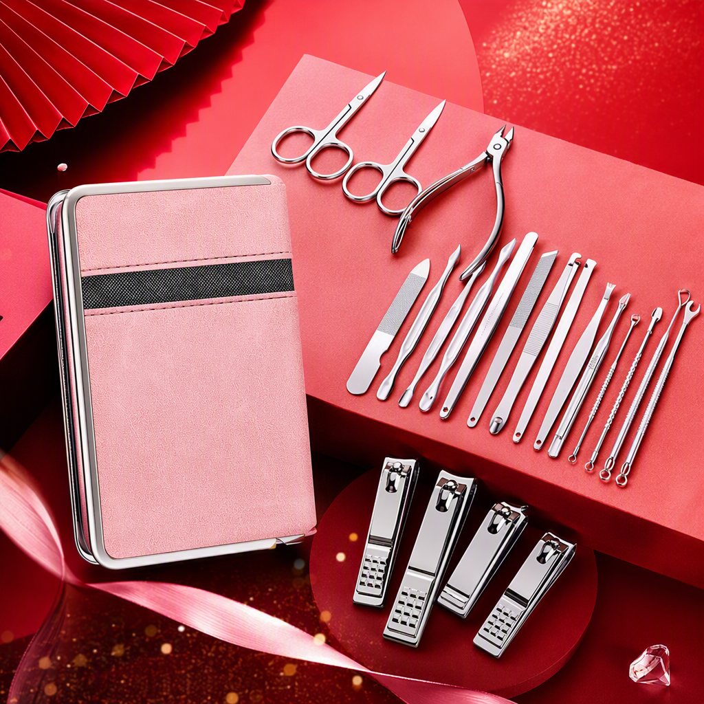 Kit de herramientas de uñas portátil rosa conjunto completo de manicura de metal cortador de uñas pinzas lima de uñas pinzas cuchillo de empuje cuchara de excavación portátil juego de uñas portátil Specification image