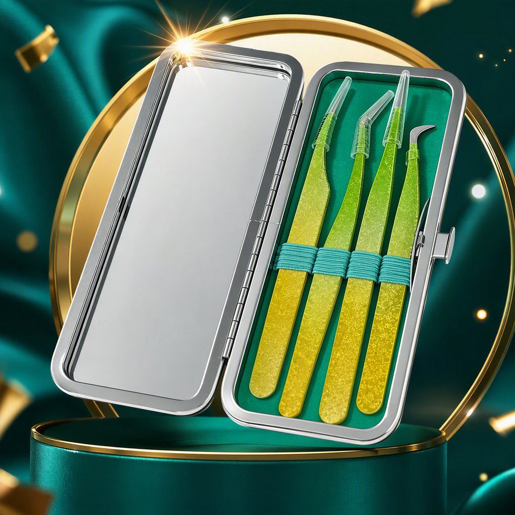 Caja de almacenamiento espejo plateado cuatro gradiente verde amarillo pinzas ciliar herramientas de maquillaje portátil caja de almacenamiento caja de almacenamiento caja de almacenamiento Specification image