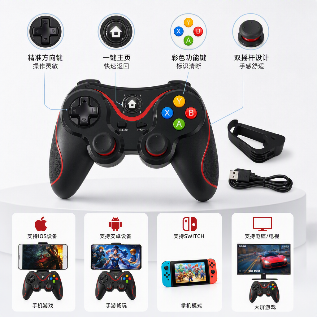 The black wireless game controller with a red border supports multi-platform vibration sensitivity and provides a comfortable gaming experience