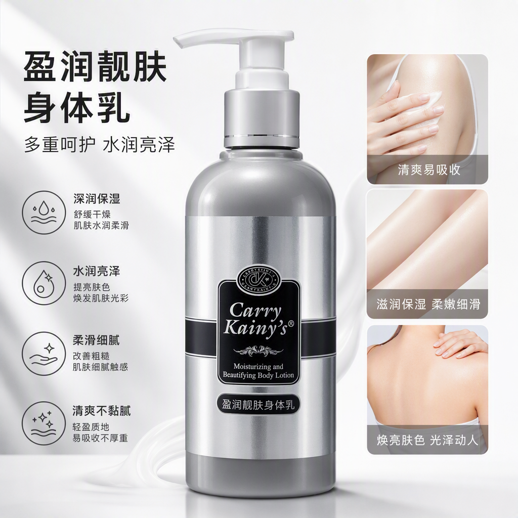 Carry Kainy Moisturizing Body Lotion with a silver bottle and a white pump head is a hydrating, moisturizing and rejuvenating lotion