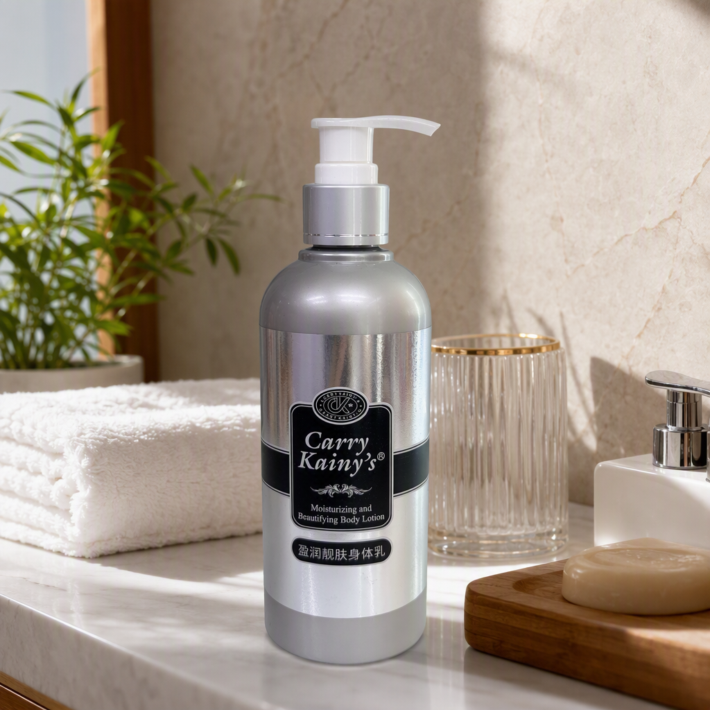 Carry Kainy Moisturizing Body Lotion with a silver bottle and a white pump head is a hydrating, moisturizing and rejuvenating lotion details Picture