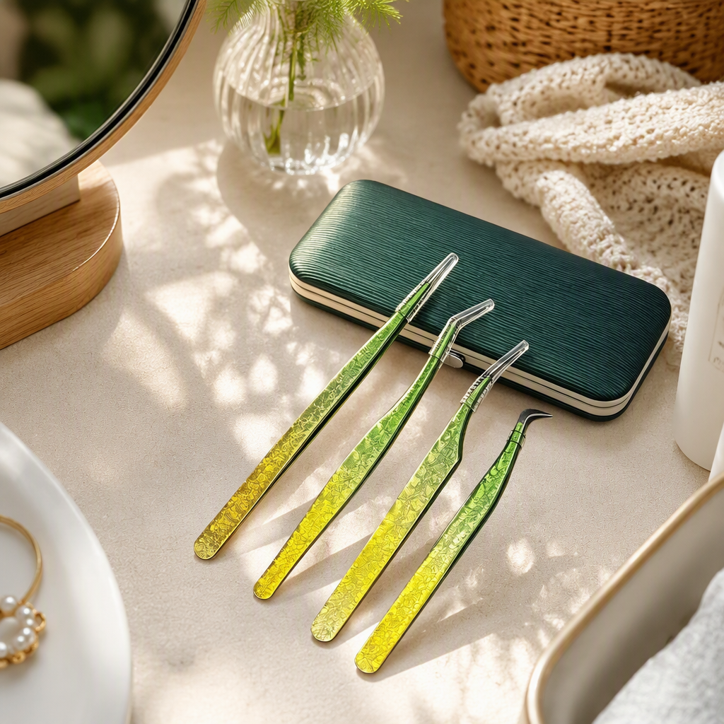Verde gradiente superciliar pinzas cuatro piezas profesional meticuloso duradero no lastimar pestañas belleza kit details Picture