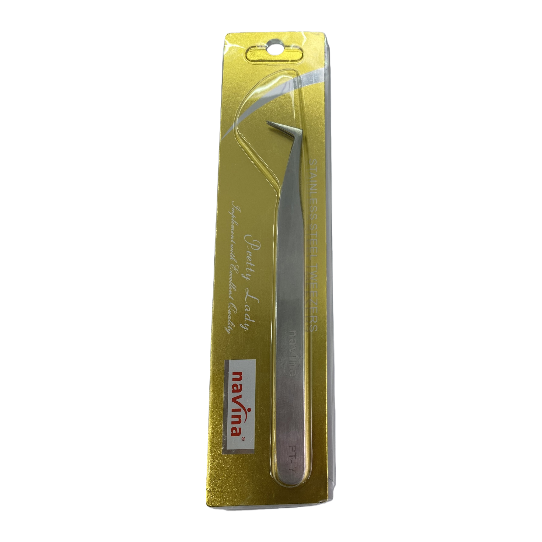 navina golden packaging stainless steel tweezers, PT-7 silver metal fine-tipped professional beauty tools, portable makeup clips Item Picture